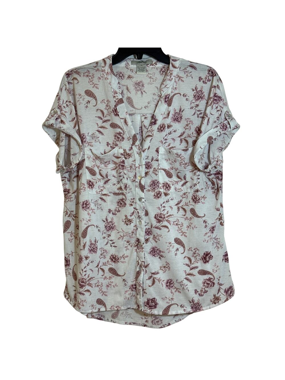 Love Potion 1X Floral Paisley Pinkish Maroon Button Up Blouse Rolled Cap Sleeve